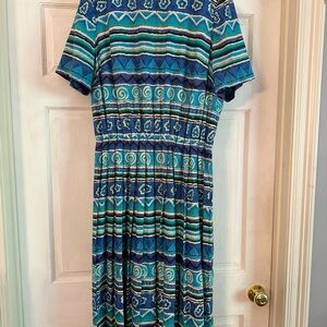 Blue & Teal Geometric Midi Dress — Short Sleeve